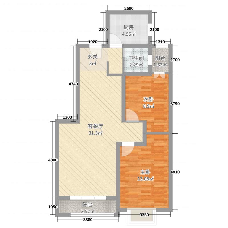 潤德天悅城2室2廳1衛(wèi)1廚89㎡戶型圖