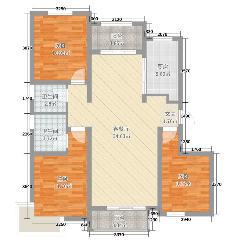潤德天悅城3室2廳2衛(wèi)1廚128㎡戶型圖