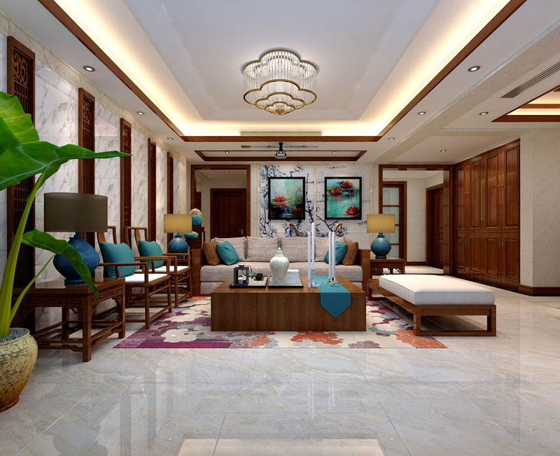 天山熙湖面積138平米三室二廳兩衛(wèi)新中式裝修效果圖