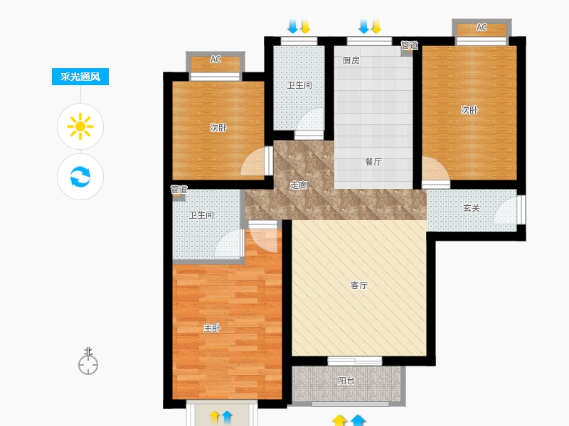 弘石灣3室2廳2衛(wèi)0廚107.00㎡采光通風(fēng)圖