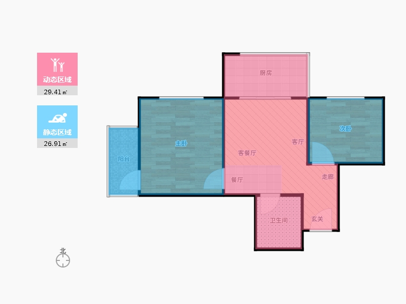 鑫界9號(hào)院2室1廳1衛(wèi)1廚70㎡動(dòng)靜分區(qū)圖